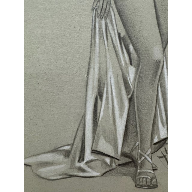 Illustration Original Signed Graphite Illustration of Glamorous Woman in Vintage Swimsuit, 12.5 X 8.5 In. For Sale - Image 3 of 6