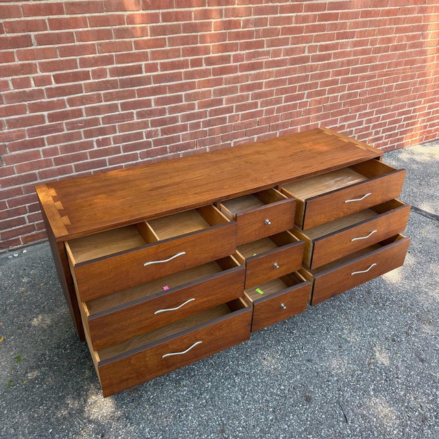 Lane Furniture Mid 20th Century Lane Acclaim Walnut 9-Drawer Lowboy Dresser by Andre Bus for Lane Furniture For Sale - Image 4 of 9