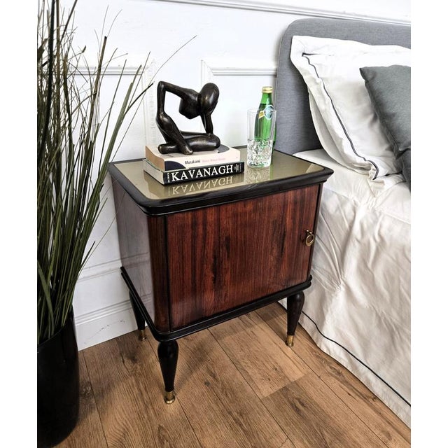 Very elegant and refined Italian 1950s Mid-Century Modern design, pair of bedside tables with single front door, green...