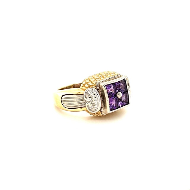 This ring has Natural Square Cut Amethysts that weigh 1.35 Carats. The approximate gold gram of this ring is 13.0 grams...