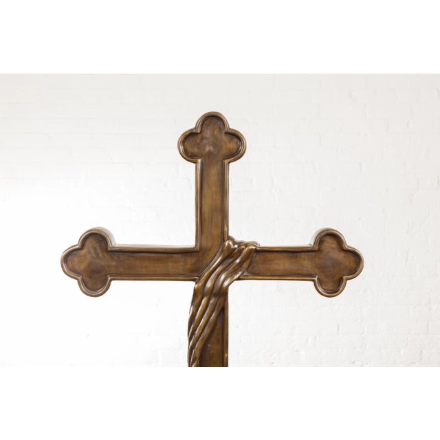 Contemporary Bronze Religious Cross with Trifold Extremities and Rocky Base For Sale - Image 4 of 12