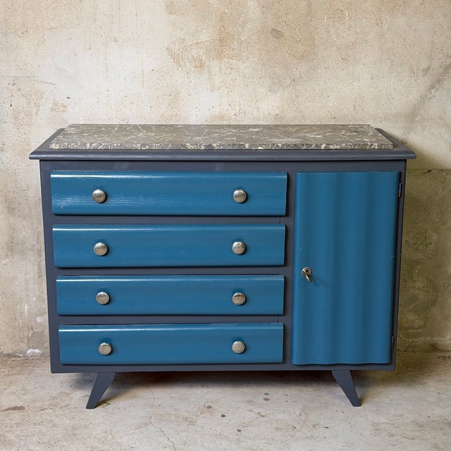 Wood Vintage Blue Wooden Commode, 1950s For Sale - Image 7 of 10