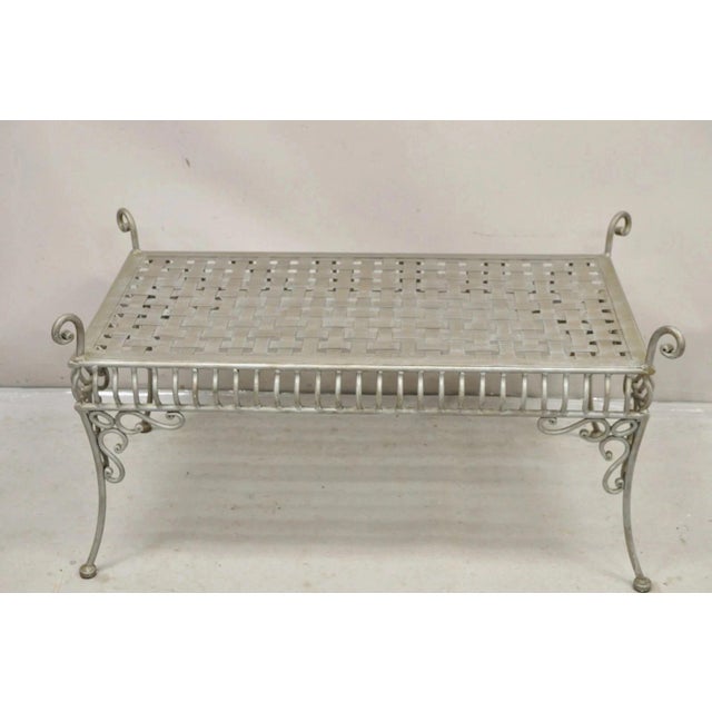 Late 20th Century Decorator Wrought Iron Scrolling French Country Style Gray Lattice Bench For Sale - Image 10 of 12