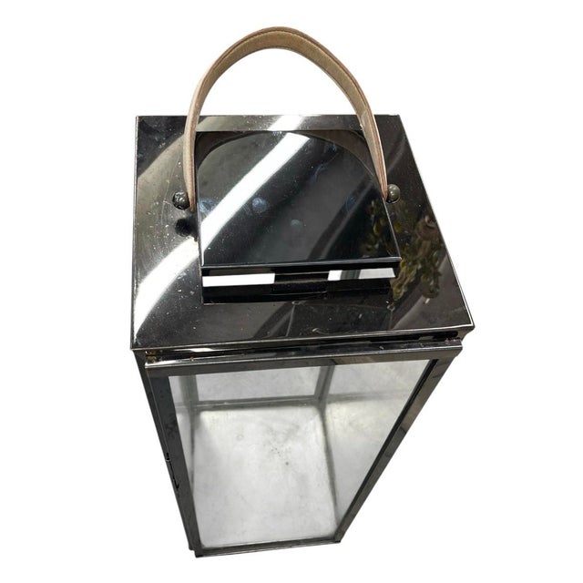 Vintage Modern Polished Gunmetal & Glass Floor Lantern With Tan Leather Handle For Sale In West Palm - Image 6 of 12