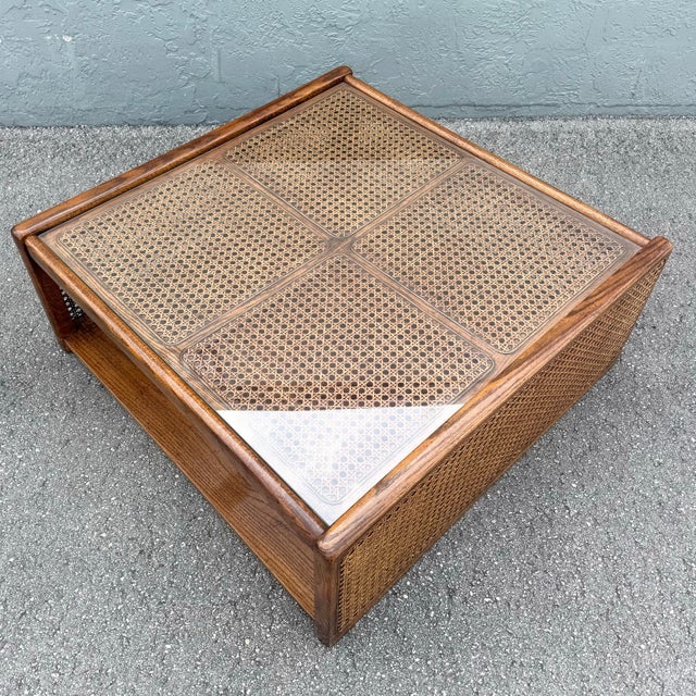 Mid 20th Century Vintage Boho Chic Cane and Oak Glass Top Coffee Table For Sale - Image 5 of 9