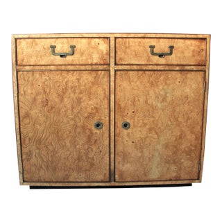 John Widdicomb Mid-Century Modern Burled Wood Cabinet – Brass Hardware & Platform Base For Sale