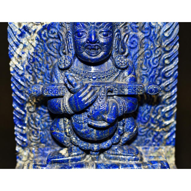 Finest Lapis Lazuli Tibetan Makahala Statue 9.5" Natural Gemstone Hand Carved For Sale - Image 10 of 14