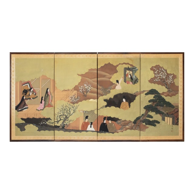 "The Tale of Genji" Early Shōwa Era Japanese Painted Silk Byobu Screen, C. 1930-1950s For Sale