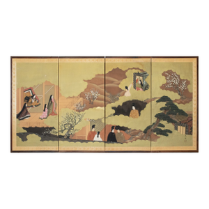 "The Tale of Genji" Early Shōwa Era Japanese Painted Silk Byobu Screen, C. 1930-1950s