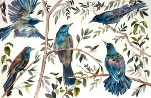 "Grackles No. 2" - Original Birds on Branches Watercolor Ink Painting by Elizabeth Becker