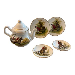 Vintage English Bone China Equestrian Fox Hunt Miniature Tea Set With Florentine Gilt Tray - 6 Pieces For Sale