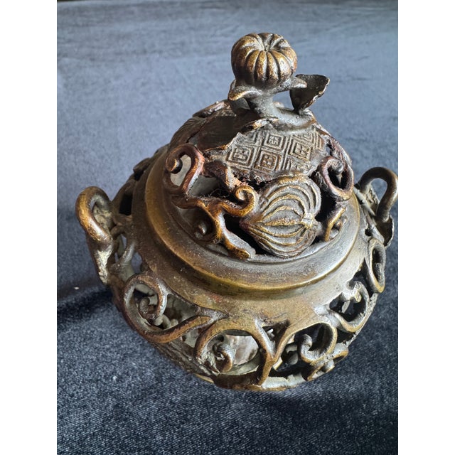 Metal Antique Japanese Bronze Koro Incense Burner With Openwork Lotus Motif For Sale - Image 7 of 11