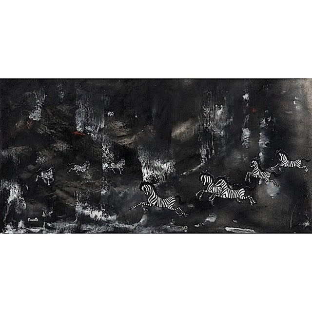 French Original Vintage Nicola Ortis Poucette Signed/Framed Expressionist Gouache on Paper Zebras For Sale - Image 3 of 4