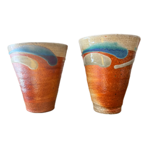 Vintage Studio Pottery Cups Signed Earthy Glazed Stoneware Handmade - A Pair