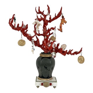 Wunderkammer-Style High-Quality Faux Red Coral Decorative Sculpture With Antique Pendants Handpainted Vase & Marble Base For Sale