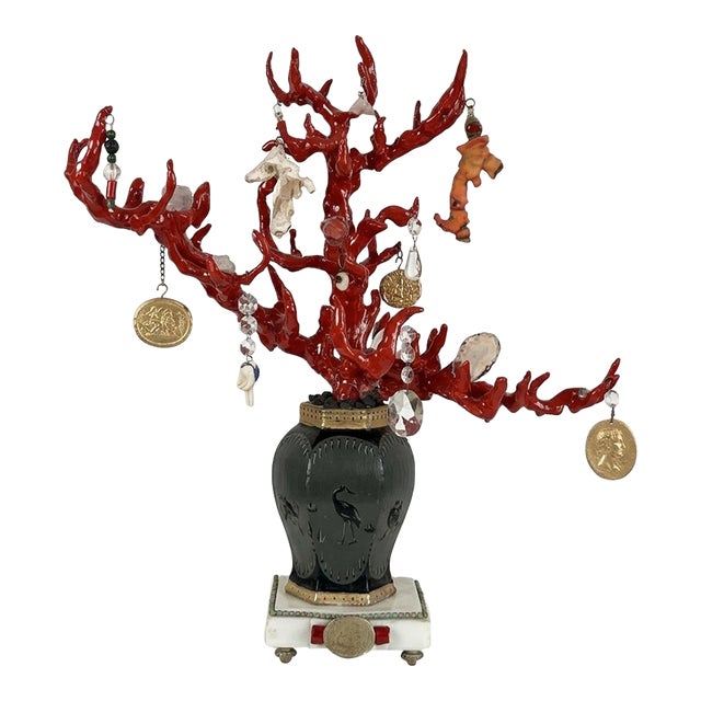 Wunderkammer-Style High-Quality Faux Red Coral Decorative Sculpture With Antique Pendants Handpainted Vase & Marble Base For Sale