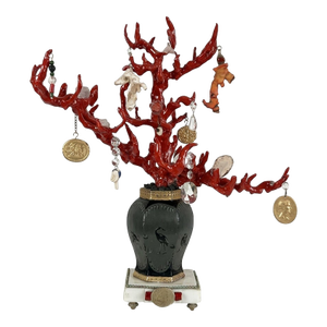 Wunderkammer-Style High-Quality Faux Red Coral Decorative Sculpture With Antique Pendants Handpainted Vase & Marble Base