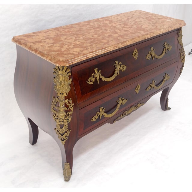 Louis XV Bombe Style Bronze Mounted Mahogany Rouge Marble Top Commode Dresser For Sale - Image 6 of 17