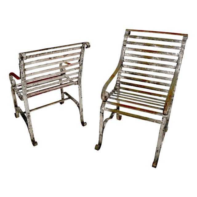 Heavy Antique Wrought Iron Outdoor Chairs His & Hers For Sale