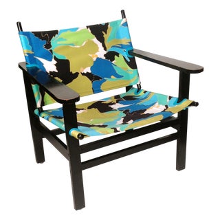 Custom Patio or Accent Chair in Bright Citron, Aqua and Blue in 1960s Fabric For Sale