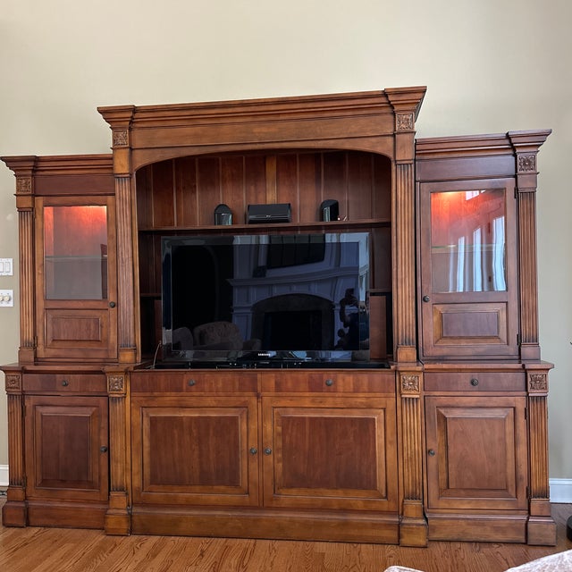 Burnt Umber Ethan Allen Tuscan Media Lift Cabinet With Glass Book Shelf Cabinets For Sale - Image 8 of 12