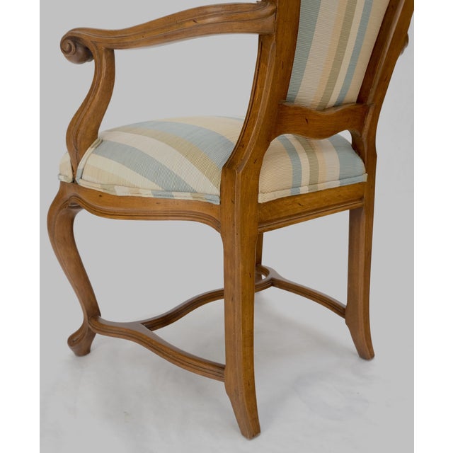 Pair Carved Striped Upholstery Tall Backs Carved Walnut Scallop Design Decorated For Sale - Image 15 of 17