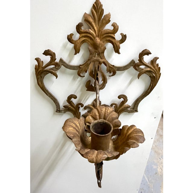 Large Pair Venetian Gilt & Polychromed Tole Candle Sconces Italy, circa 1890s For Sale - Image 11 of 18