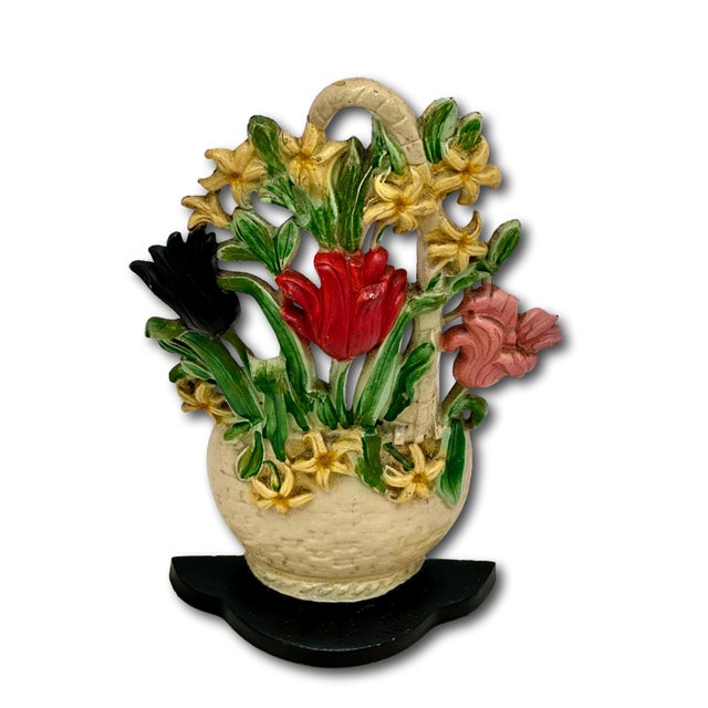 American Hard to Find 1930s Hubley MFG Co. Tulips & Hyacinths Flower Basket Cast Iron Doorstop in Pristine Cond. For Sale - Image 3 of 18
