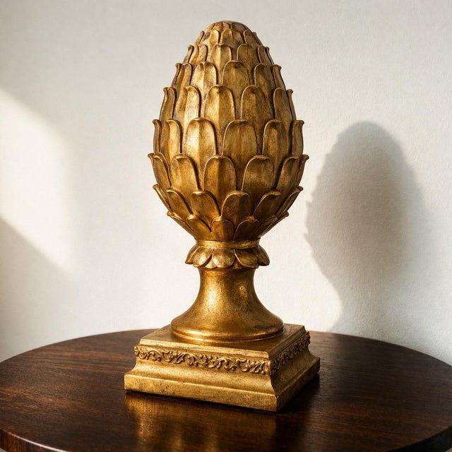 Large gilt Hollywood Regency artichoke finial sculpture by Pieri Creations. A substantial decorative statement piece with...