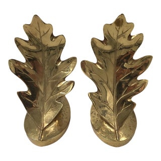 Mid 20th Century Vintage Brass Oak Leaf Bookends - a Pair For Sale