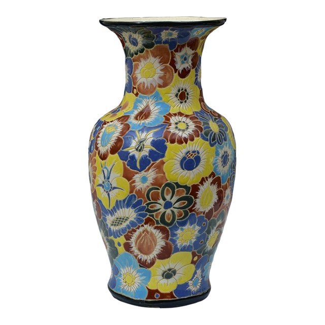 Monumental Incised Floral Art Deco Pottery Vase, 19.5" Circa 1930 For Sale