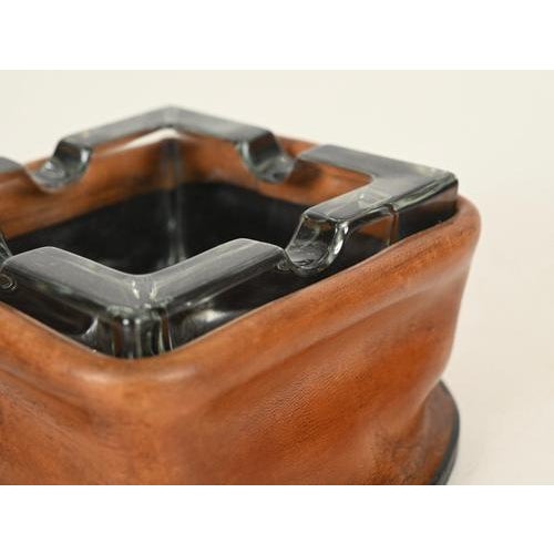 Curved Leather and Crystal Ashtray by Jacques Adnet, Italy, 1950s For Sale - Image 6 of 12