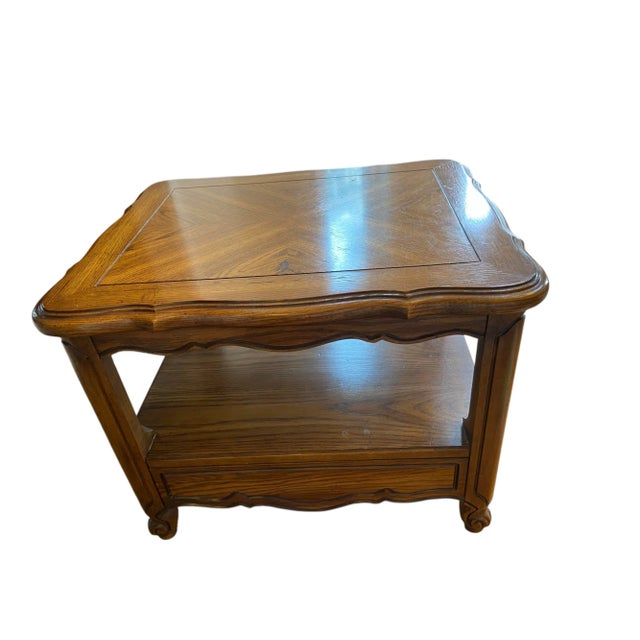 French Country Late 20th Century Thomasville Carved Floral Side Table With Drawer and Open Shelf For Sale - Image 3 of 11