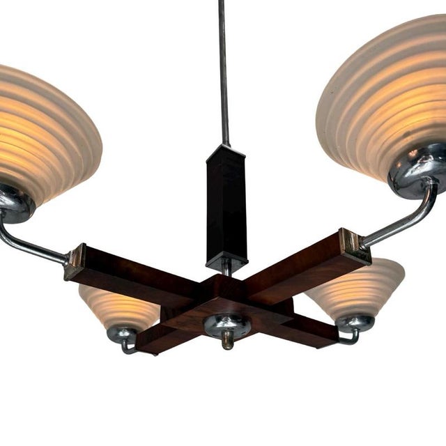Metal Art Deco Satin Glass, Walnut Veneer and Chromed Metal 4-Light Chandelier, Former Czechoslovakia, 1930 For Sale - Image 7 of 10