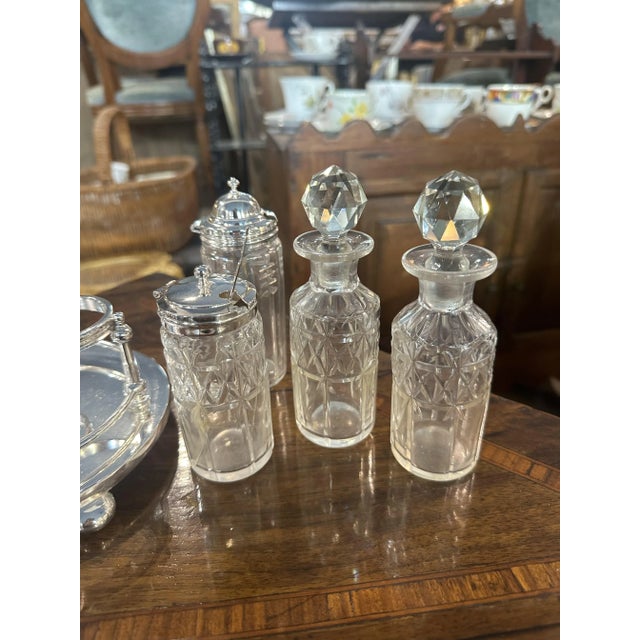 English Sheffield Oval Cruet in Excellent with Four Engraved Glass Bottles, Set of 5 For Sale - Image 5 of 9