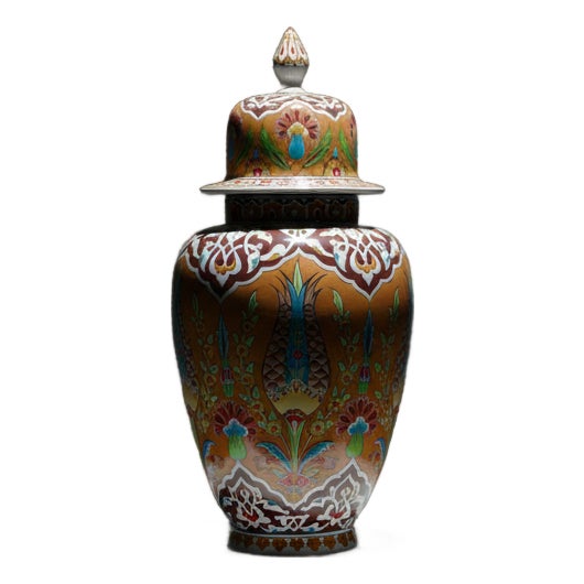 Handmade Ceramic “Shah” Ginger Jar (30cm) – Rare Amber/Orange Ground & Cypress – Traditional Lidded Decor For Sale
