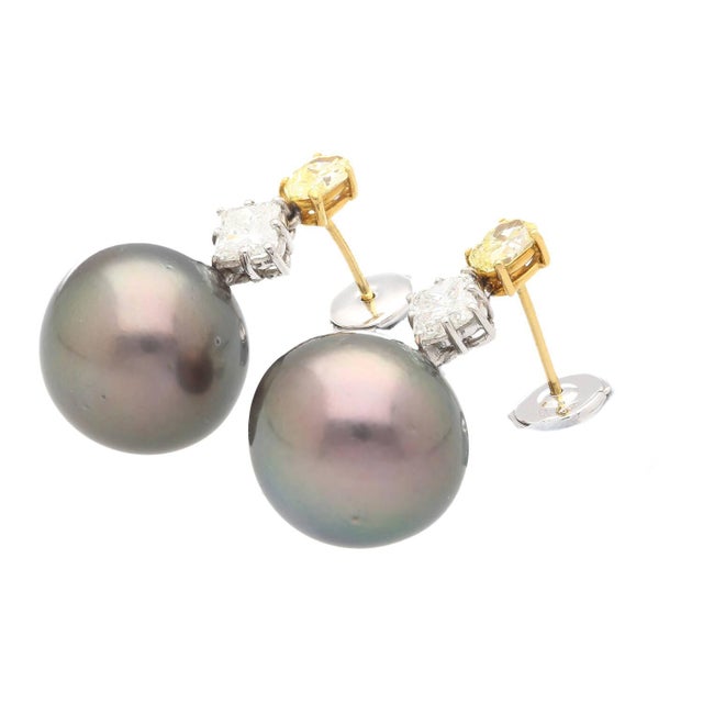 Modern Black Pearl With Fancy Yellow & White Lily Cut Diamond Drop Earrings For Sale - Image 3 of 8