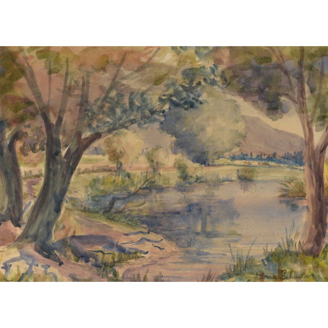 California Lake Landscape in Watercolor on Paper Serene landscape by Donna N. Schuster (American, 1883-1953). The viewer...