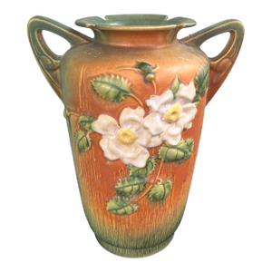 1940s Roseville Usa MCM Art Pottery White Rose Handled Vase