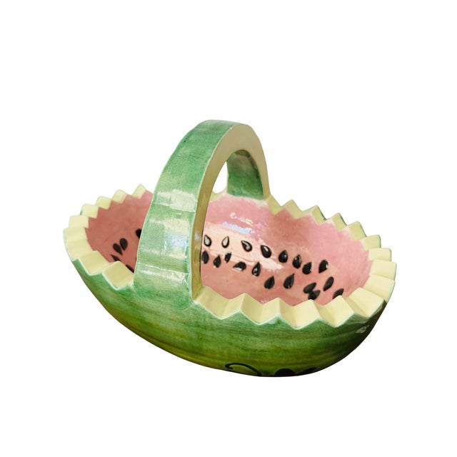 Vintage Hand-Painted Ceramic Watermelon Basket Serving Bowl | Collectible Summer Fruit Basket | Cottage & Farmhouse...