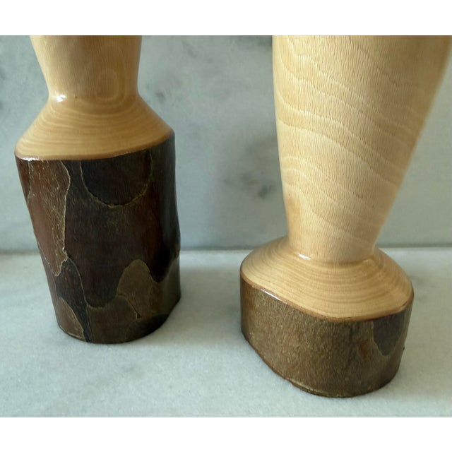Pair of Vintage Handcrafted Turned Wood Candle Holders For Sale In Austin - Image 6 of 9