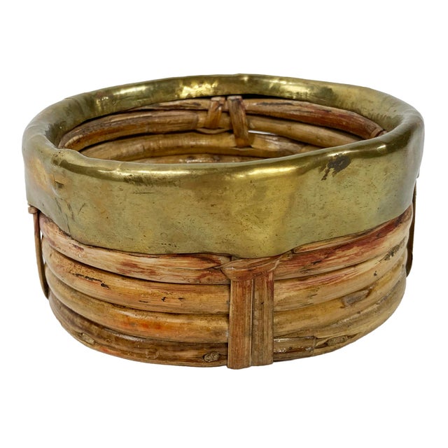Vintage Italian Gabriella Crespi style split rattan wine coaster with thick brass rim. Alternative use as a chic trinket...