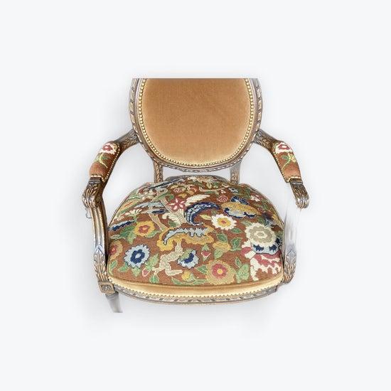 Pair of 19th C Louis XVI Style Armchairs in Late 19th C Needlepoint W Complementary Velvet For Sale - Image 4 of 5