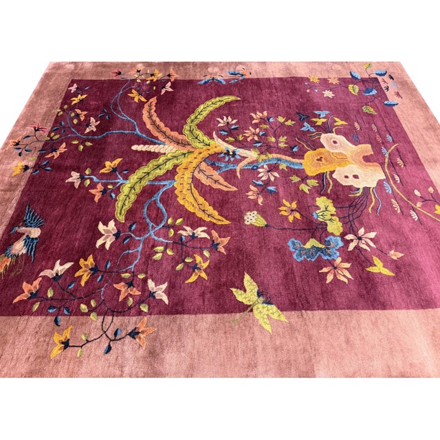1920s Antique Purple Field Modern Handknotted Wool Chinese Art Deco Carpet Rug For Sale - Image 4 of 7