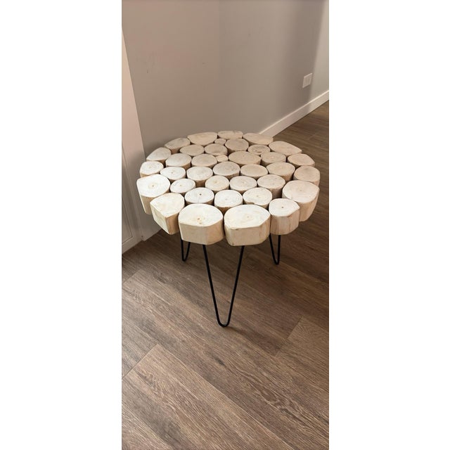 Round Wood Log Slice Coffee Table, Light Wood Top, Black Metal Hairpin Legs For Sale - Image 4 of 4