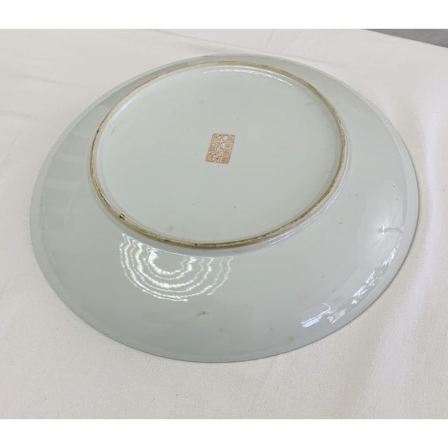 Vintage Chinoiserie Large 14" Butterflies Floral Round Platter Centerpiece Ceramic Dish For Sale - Image 11 of 13