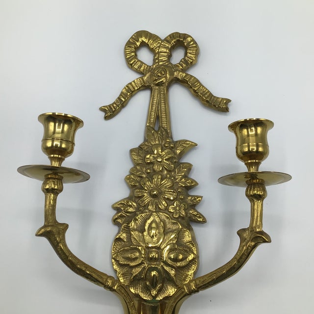 Vintage Solid Brass Double Arm French Style Candle Wall Sconces - A Pair For Sale - Image 12 of 12