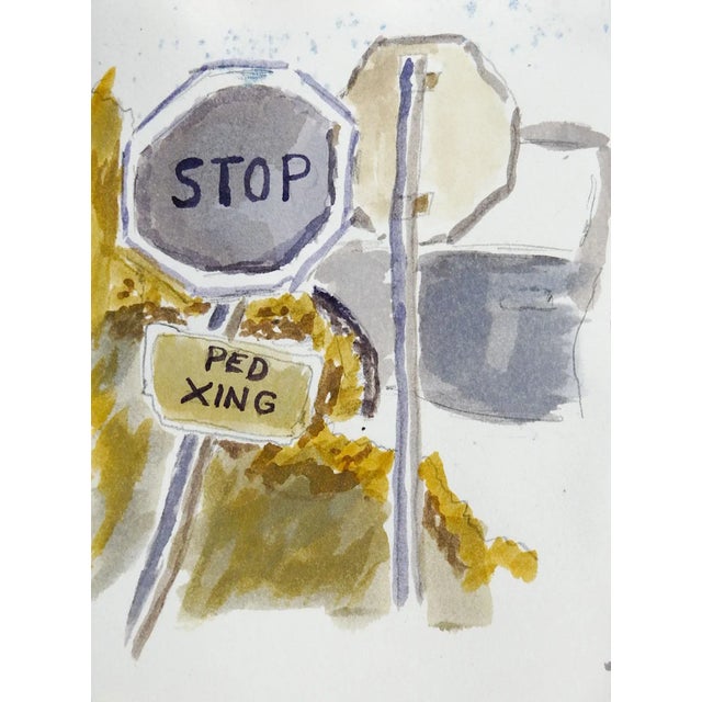 Late 20th Century Vintage Stop Sign & Architecture Watercolor Painting Double Sided For Sale - Image 5 of 5