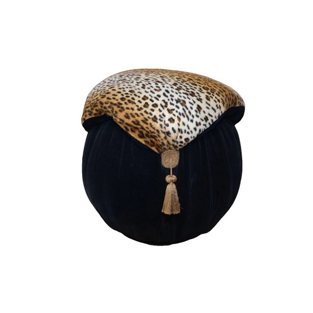 1990s 1990s Hollywood Regency Leopard Print Ottoman Pouf Black Velvet Tassel Stool For Sale - Image 5 of 6