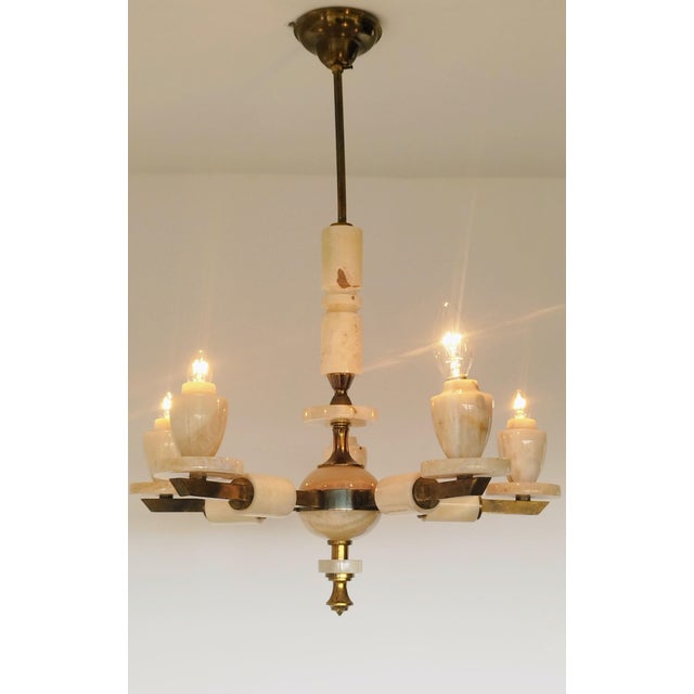 Vintage 1980s Italian Onyx Brass Marble Chandelier Lighting Ceiling Fixture Light For Sale - Image 9 of 9
